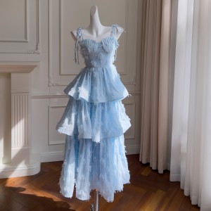 French chiffon ribbon embroidered small dress elegant and sweet blue dress with waist cinched suspender cake long dress 68579