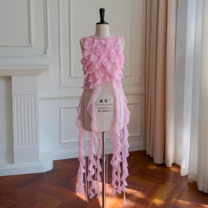 French sweet fairy pink pearl chiffon shirt with ruffled edges and irregular tassels, sleeveless shirt top 71328