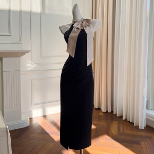 Elegant off shoulder sexy hanging neck bow decoration dress for women slim fit and slim black dress 68338