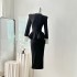 Real time spot vintage fake two black dresses, women's waist cinching slimming bag arm skirt, French mid length skirt