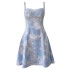 French nail bead tassel waist slimming dress, retro blue denim jacquard socialite suspender dress 68363