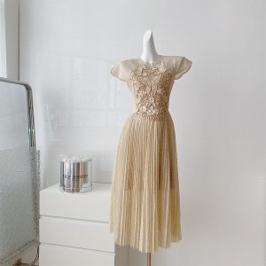 Real time spot lace embroidered dress for women, new French style elegant pleated mid length skirt