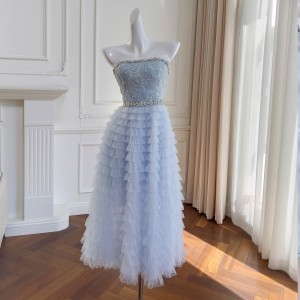 Elegant temperament, suspender wrapped chest skirt, slim fit and slimming, mid to long style, fresh blue mesh cake skirt, formal dress 68279