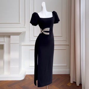 Spring and summer new black slim fit dress, banquet and dinner small dress, simple medium long small black dress 68471