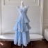 French chiffon ribbon embroidered small dress elegant and sweet blue dress with waist cinched suspender cake long dress 68579