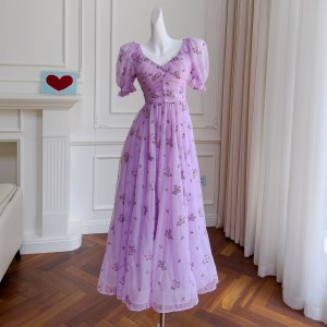 French temperament, western-style, age reducing purple floral dress, fairy like floating fairy dress, A-line formal dress, printed dress 68050