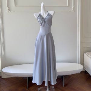 Summer new sexy backless hanging neck style gray temperament appears white and slim evening dress elegant dress 68110