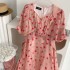 Real shot vintage French tea break skirt with floral short sleeves, long dress with V-neck and bubble sleeves, slimming down