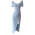 Fashionable and minimalist style, fresh and elegant blue, slim fitting and slimming women's daily slit dress, can be worn on weekdays 68130