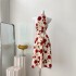 Real shot spot printed camisole dress for women's summer new hanging neck high waist slimming A-line dress