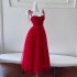 Three dimensional slim velvet ribbon dress with red suspender dress, beaded cherry pendant mesh long dress 68238