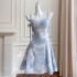 French nail bead tassel waist slimming dress, retro blue denim jacquard socialite suspender dress 68363