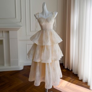 French chiffon ribbon embroidered small dress elegant and sweet palace dress with waist cinching suspender cake long dress 68595