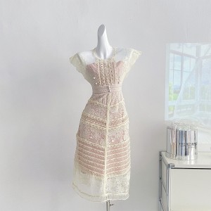 Real time spot new palace embroidery flower waist cinching sweet little dress dress dress short skirt for women