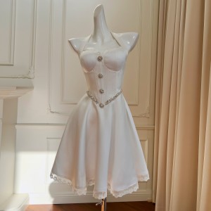 French style hanging neck strapless retro Hepburn dress, white dress, socialite fishbone rhinestone ruffle edge dress 68348