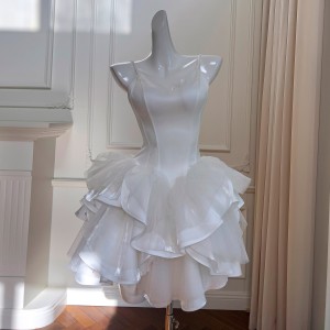 French wedding dress, light luxury camisole strapless dress, small white dress, white satin dress 68284