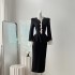 Real time spot vintage fake two black dresses, women's waist cinching slimming bag arm skirt, French mid length skirt