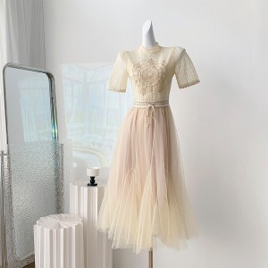 Real shooting of new exquisite French style women's skirts, mesh high waisted dresses, mid length dresses in stock