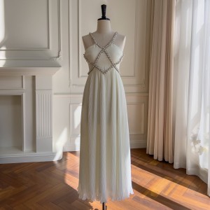 Summer New White Chiffon Beach Vacation Style Dress Long V-neck Strap Dress 68500