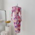 Real time spot printed dress for early autumn, new mesh V-neck lace up slim fit mid length skirt for women