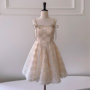 Palace style bow, rhinestone puffy skirt, French three-dimensional embroidery mesh, fishbone waist cinched suspender dress 68265