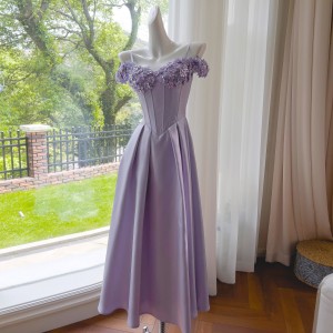 Purple shiny silk handmade nail flower suspender long dress summer vacation long dress 68400