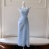 Temperament shoulder strap blue dress beach vacation dress for women, French style waist cinching and slimming, hip hugging long dress 68633