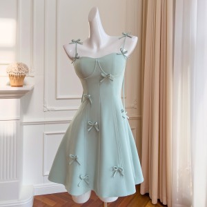 French bow waist cinching slimming temperament socialite birthday dress small vacation suspender dress 68473