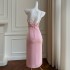 Pink girlish style three-dimensional flower hanging neck sexy backless dress retro socialite style fake dress 68519