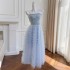 Elegant temperament, suspender wrapped chest skirt, slim fit and slimming, mid to long style, fresh blue mesh cake skirt, formal dress 68279