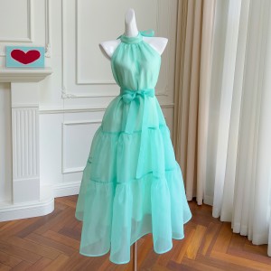 Spring/Summer New Fashionable Small Fresh Green Hanging Neck Off Shoulder Sexy Medium length Dress for Women 67947