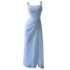 Temperament shoulder strap blue dress beach vacation dress for women, French style waist cinching and slimming, hip hugging long dress 68633