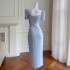 Fashionable and minimalist style, fresh and elegant blue, slim fitting and slimming women's daily slit dress, can be worn on weekdays 68130