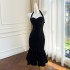 French romantic hanging neck flower bud dress, small black dress, simple waist cinching, slim fit, three-dimensional knitted fishtail dress 67858