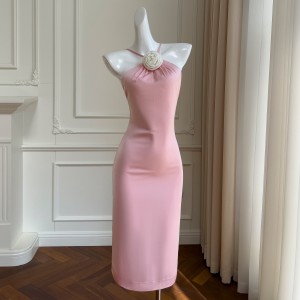 Pink girlish style three-dimensional flower hanging neck sexy backless dress retro socialite style fake dress 68519