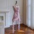 French irregular pink floral ruffle edge hanging neck bag hip chiffon printed pleated ribbon dress 68086