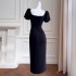 Spring and summer new black slim fit dress, banquet and dinner small dress, simple medium long small black dress 68471