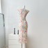 Real time spot printed short sleeved dress for women's slim fit slit long dress with camisole inside, two-piece set