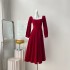 Real shot spot square neck velvet dress, French retro Hepburn style dress