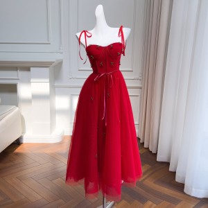 Three dimensional slim velvet ribbon dress with red suspender dress, beaded cherry pendant mesh long dress 68238