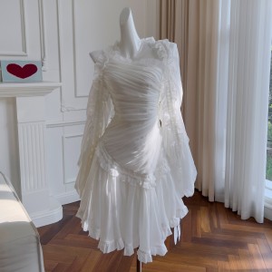 French retro palace style white light wedding dress for women, niche irregular pleated chiffon dress 68033