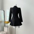 Real shot black waist cinched pleated suit dress, jacket, and dress in stock