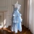 French chiffon ribbon embroidered small dress elegant and sweet blue dress with waist cinched suspender cake long dress 68579