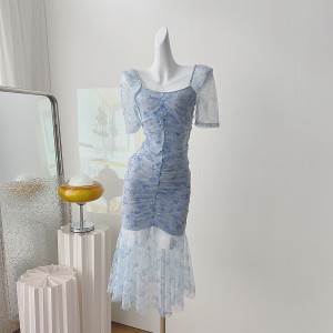 Real shot spot square collar pleated bubble sleeve fish tail skirt long mesh floral dress