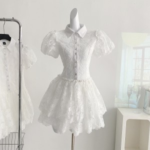 Real shot spot white embroidered bubble sleeve French dress princess dress dress