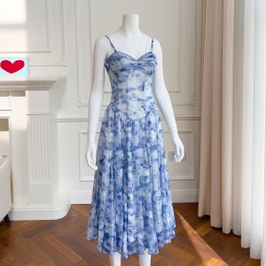 Summer new style camisole blue small dress mid length dress vacation style 67916+66619