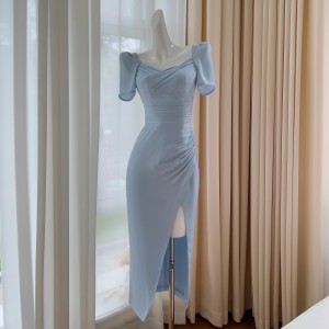 Fashionable and minimalist style, fresh and elegant blue, slim fitting and slimming women's daily slit dress, can be worn on weekdays 68130