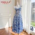 Summer new style camisole blue small dress mid length dress vacation style 67916+66619