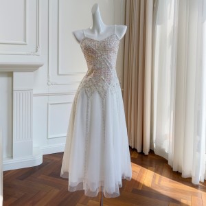 Fashionable temperament backless camisole skirt elegant slimming A-line mid length formal dress mesh dress for women 68260