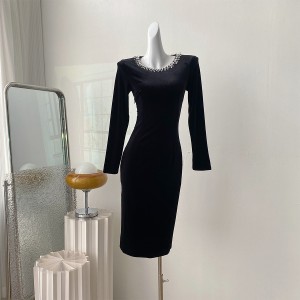 Real time spot French nail bead retro high waisted velvet dress for women's autumn collection waist slit long skirt